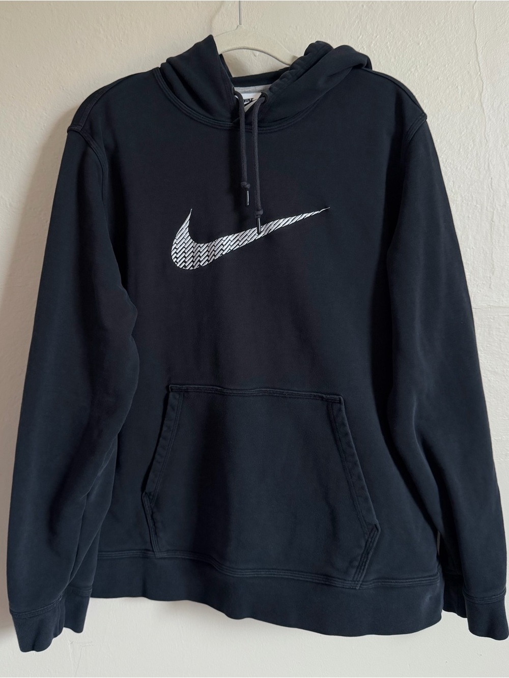 Nike Black Hoodie White Embroidered Brick Pattern Swoosh Logo